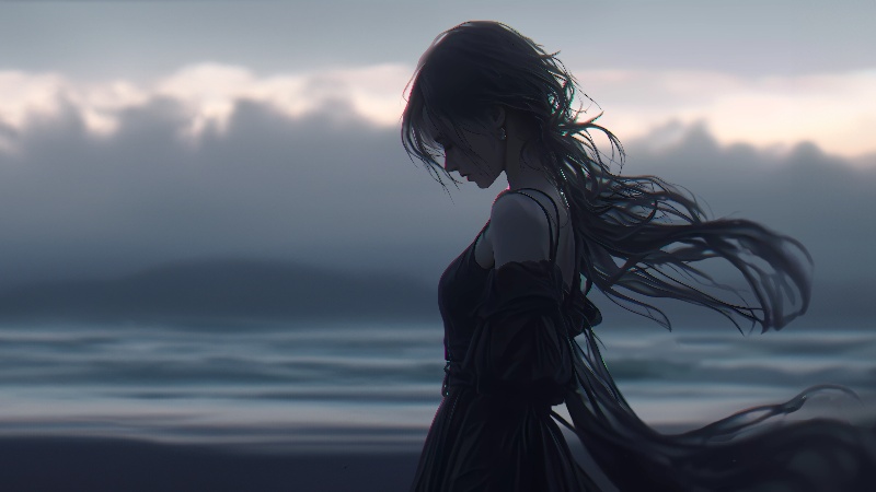 暗色系女孩长发电脑壁纸，黑色裙子4K动漫高清壁纸3840×2160
