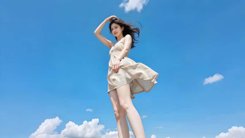晴空之下 裙摆飞扬 连衣裙 阳光美女 4K壁纸 3840x2160