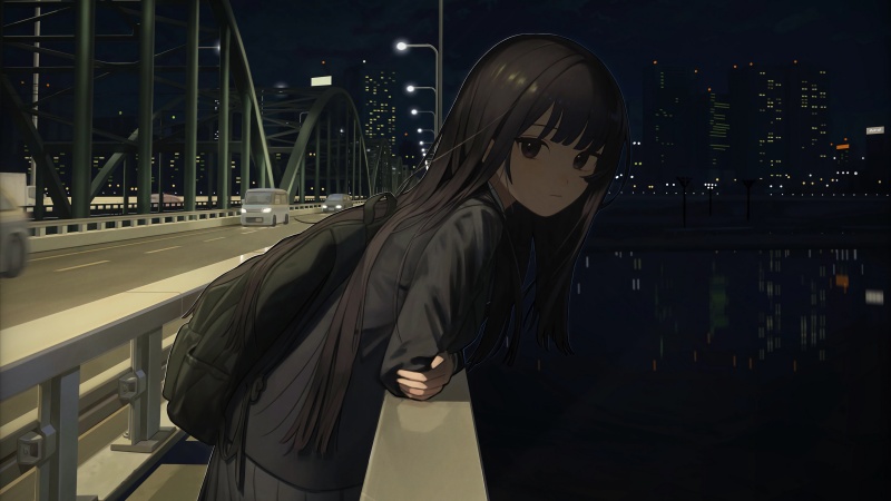夜晚城市桥 黑色衣服长发动漫少女4k壁纸3840x2160