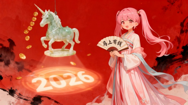 2026 马上有钱 古装粉色马尾小女孩 玉马 独角兽 4k 超清壁纸 3840×2160
