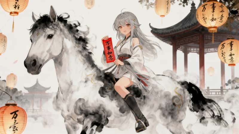2026 马年万事如意 古风水墨画女孩骏马 4k 壁纸 3840×2160 超清