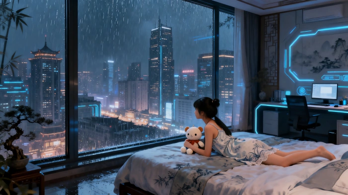 赛博朋克房间里的小女孩｜雨夜落地玻璃窗 4K 超清壁纸下载