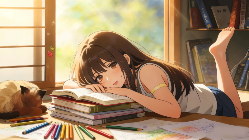 3840×2160 超清｜书房长发女孩动漫壁纸 窗边书桌书本治愈系 4K 图