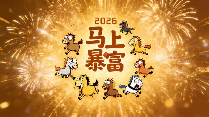 2026 马年 4K 壁纸 马上暴富可爱马儿橙色喜庆背景