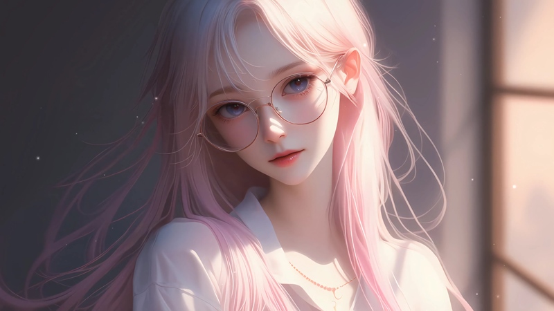 动漫美少女 戴眼镜 粉色长头发 4k壁纸 3840x2160