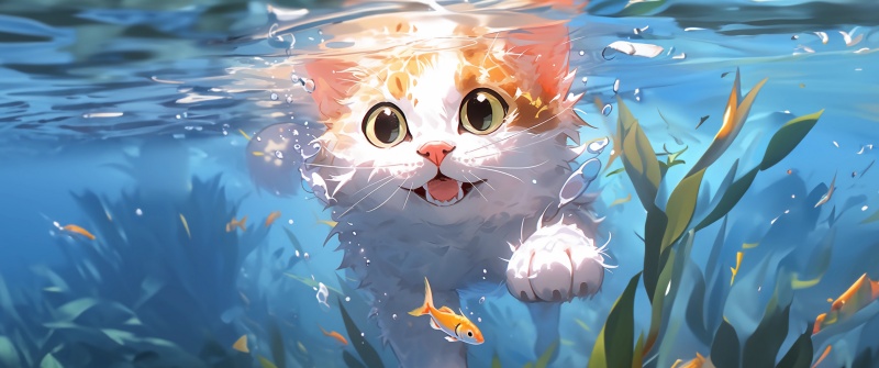 水下橘猫与小鱼唯美壁纸 4K 超清治愈系动漫风电脑背景