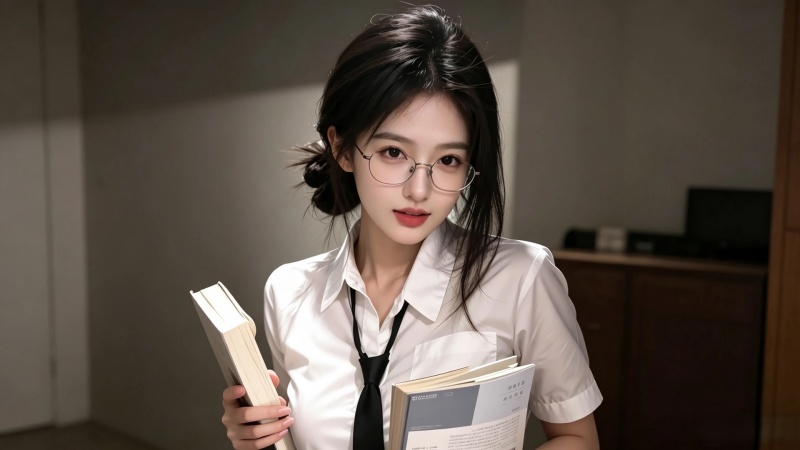 温柔黑丸子头清纯美女手拿书本文艺氛围感电脑桌面壁纸