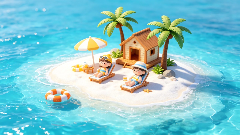 夏日卡通海边小岛清新护眼4K壁纸