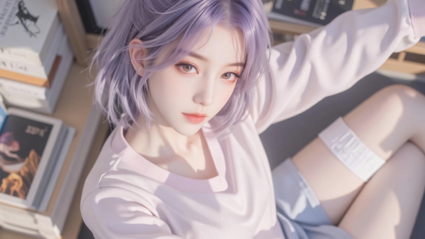 紫色短发居家清新少女人像