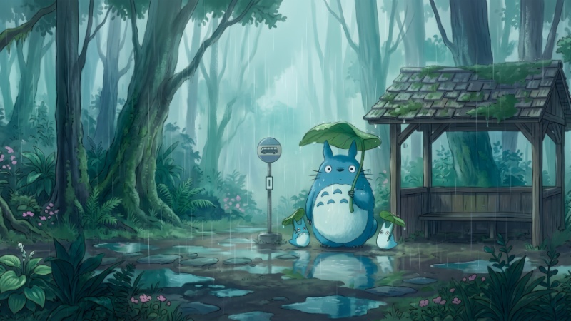 下雨天龙猫撑荷叶公交站