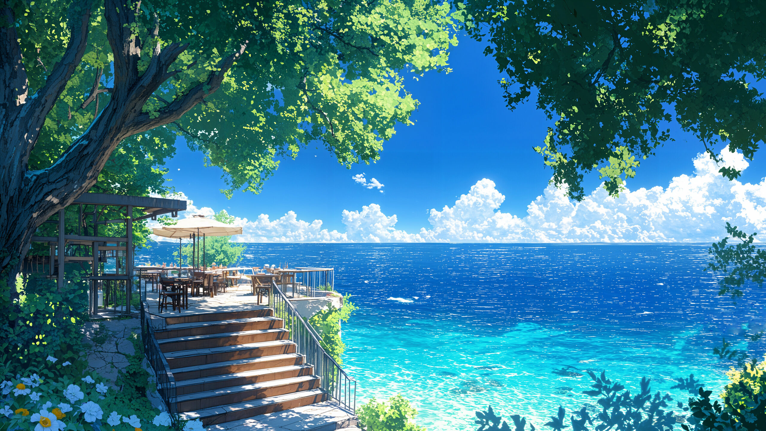 夏天海边绿荫阶梯海景