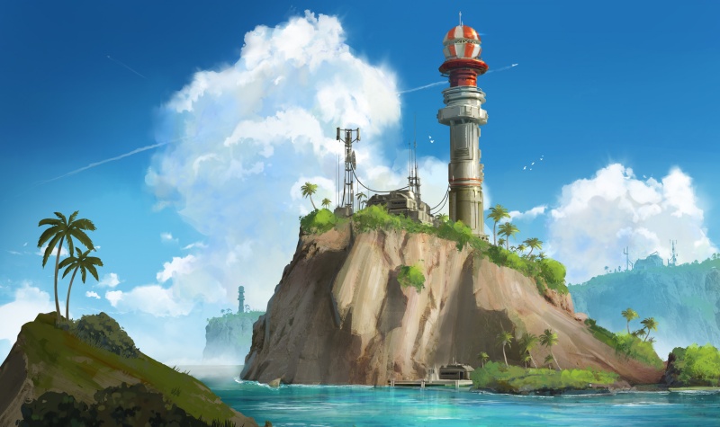 手绘海岛灯塔棕榈树海洋风景壁纸