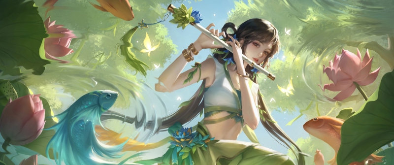 吹笛少女荷花锦鲤古风带鱼屏壁纸