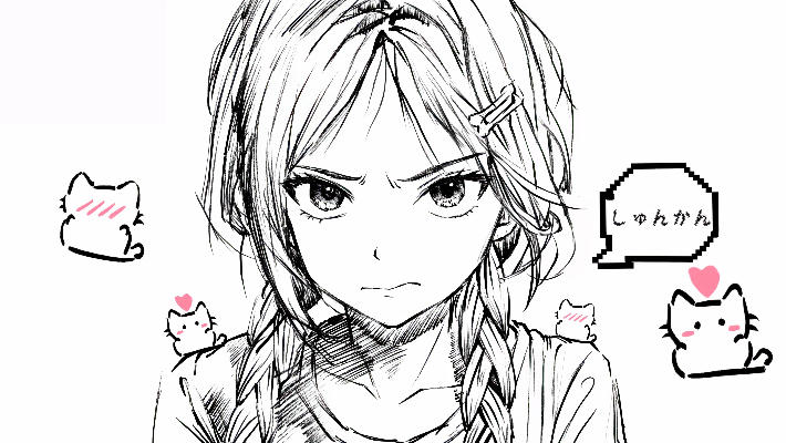 黑白线稿生气少女 可爱小猫动态壁纸