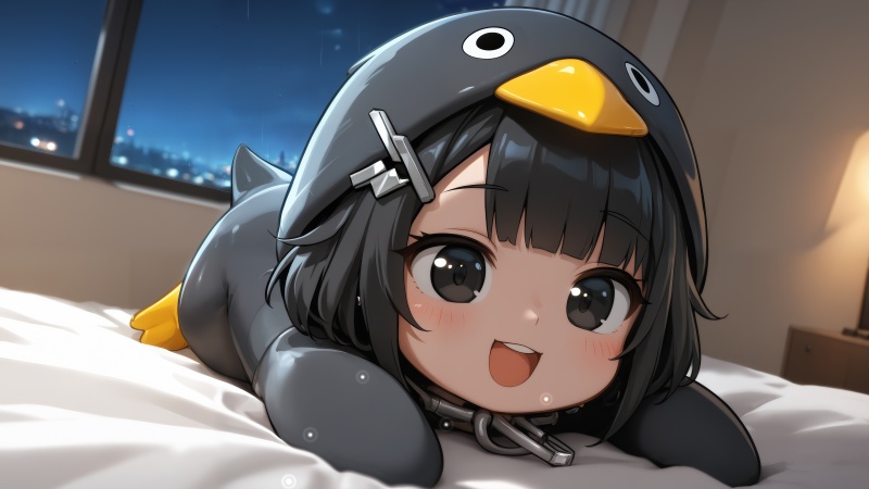 爱企鹅头套Q版少女治愈壁纸