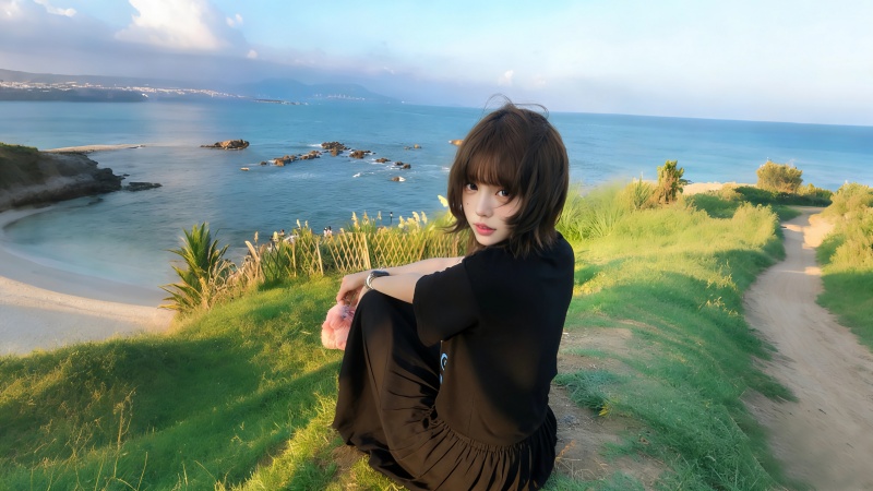 海边草地黑裙少女回头氛围感壁纸