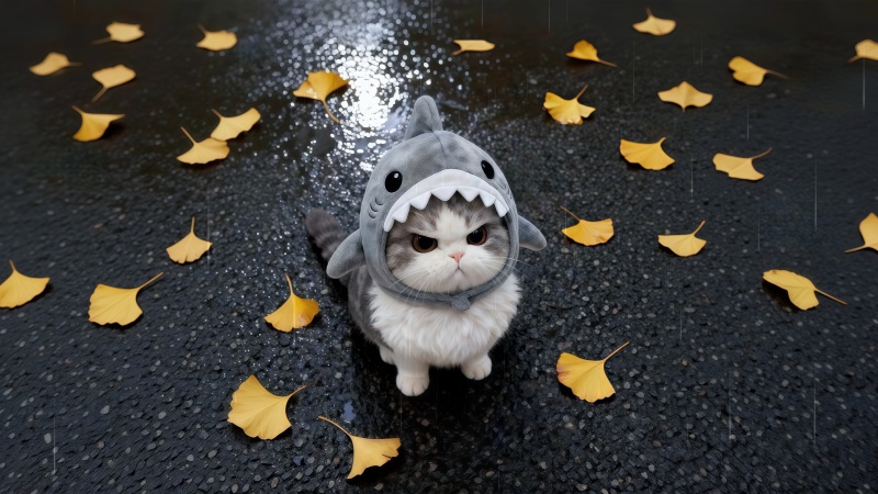 鲨鱼头套小猫咪 银杏雨天可爱壁纸