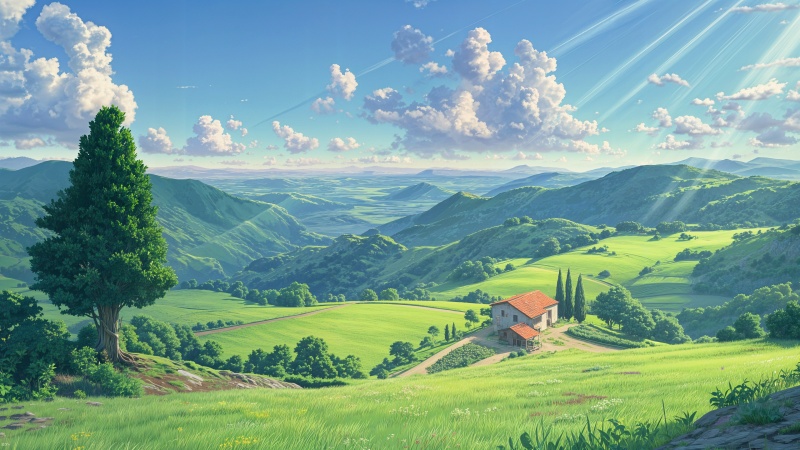 吉卜力风田园山丘小屋治愈风景4K壁纸