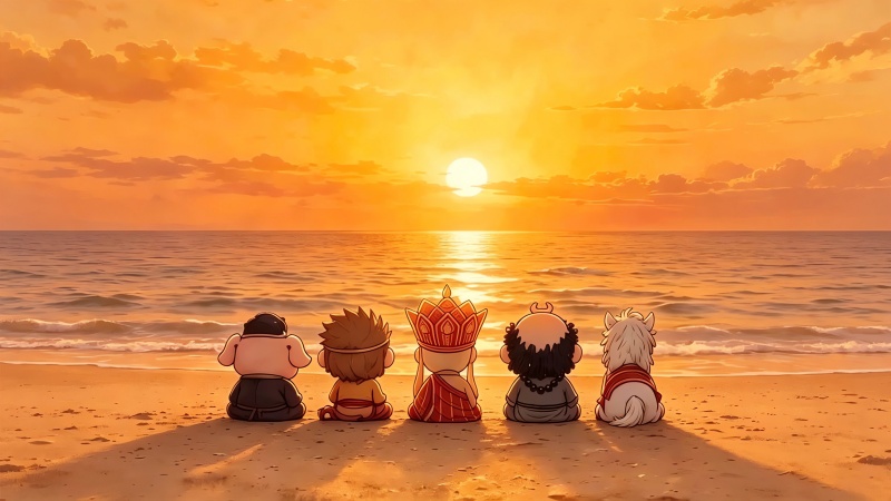 Q 版唐僧师徒 海边夕阳背影 4K壁纸 3840x2160
