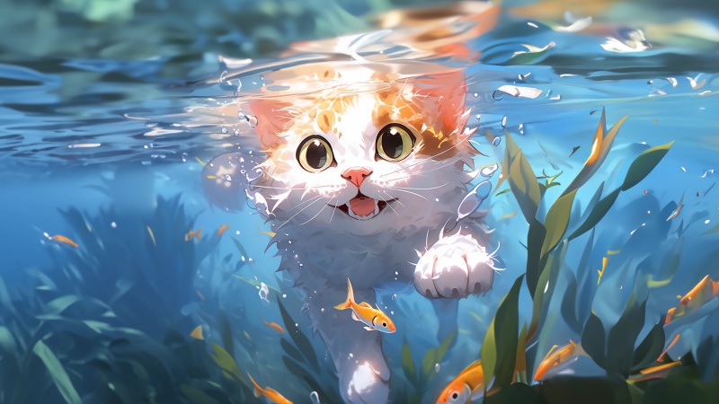 水下橘白小猫 水草金鱼 4K 高清壁纸 3840x2160