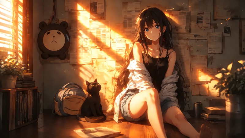 暖光居家黑发少女与黑猫 治愈动漫 4K壁纸