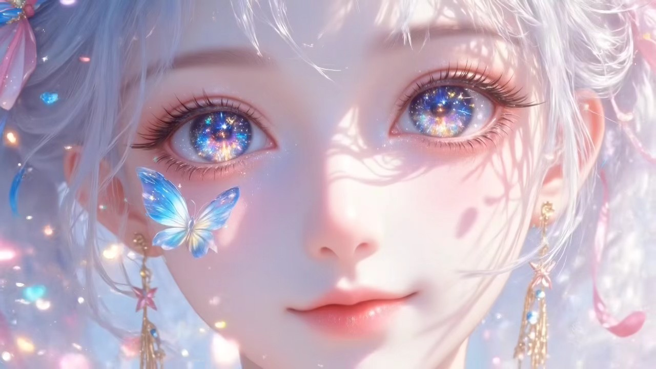 银发少女蓝蝴蝶梦幻二次元动态 4K壁纸