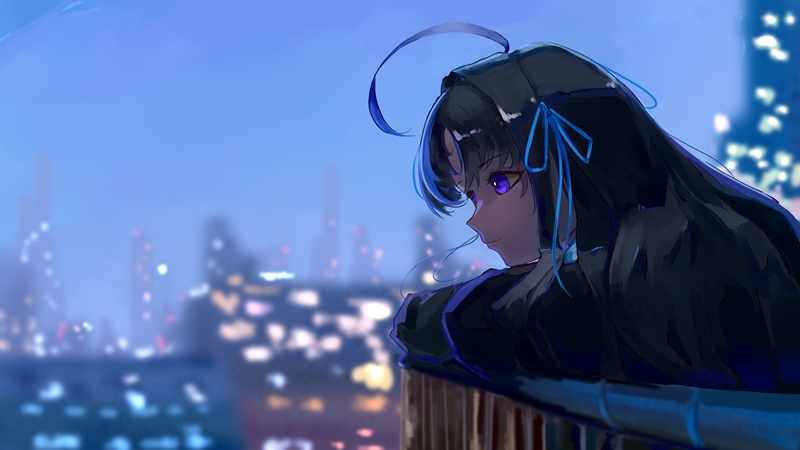 3840x2160 蓝紫调二次元少女 阳台夜景 4K 原画
