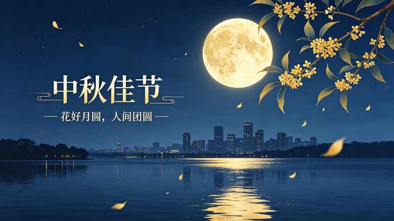 中秋佳节 4K 花好月圆湖面城市夜景 国风节日桌面