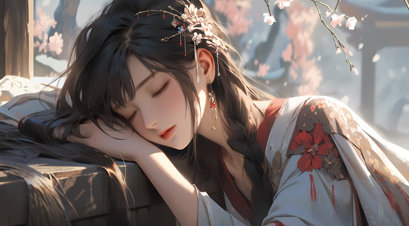 古风美女樱花小憩 二次元高清壁纸