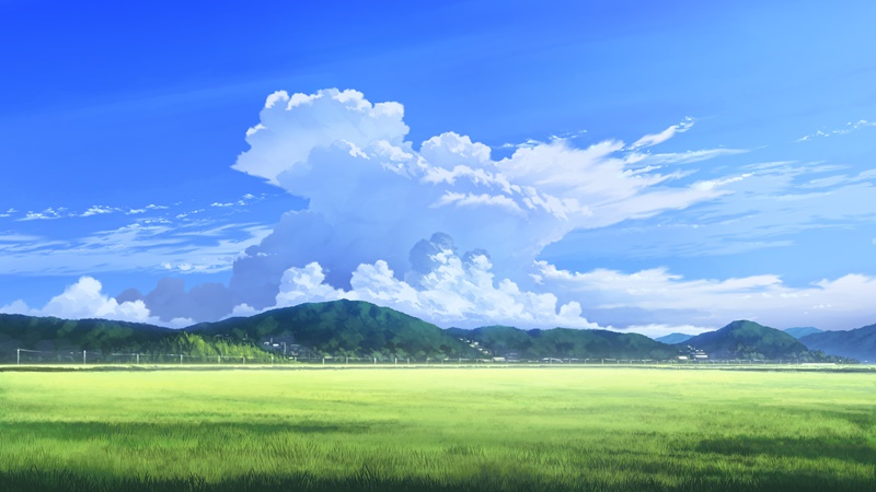 手绘风景 天空 白云 青山 草地4K壁纸 3840×2160