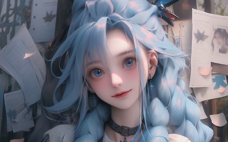 蓝发少女 二次元美女 精致手绘 赛博朋克4K壁纸 3840×2400