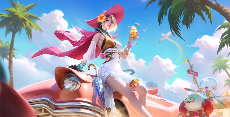 夏日美女 海边敞篷车 粉色沙滩 王者荣耀壁纸 8486x4320