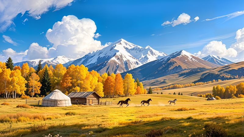 草原秋天 小木屋蒙古包 草地马儿 4K风景壁纸 3840x2160