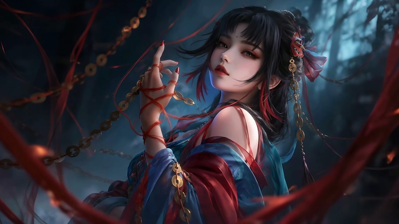 黑发红绳 暗黑古风美女 铜钱缠腕 4K壁纸 3840x2160